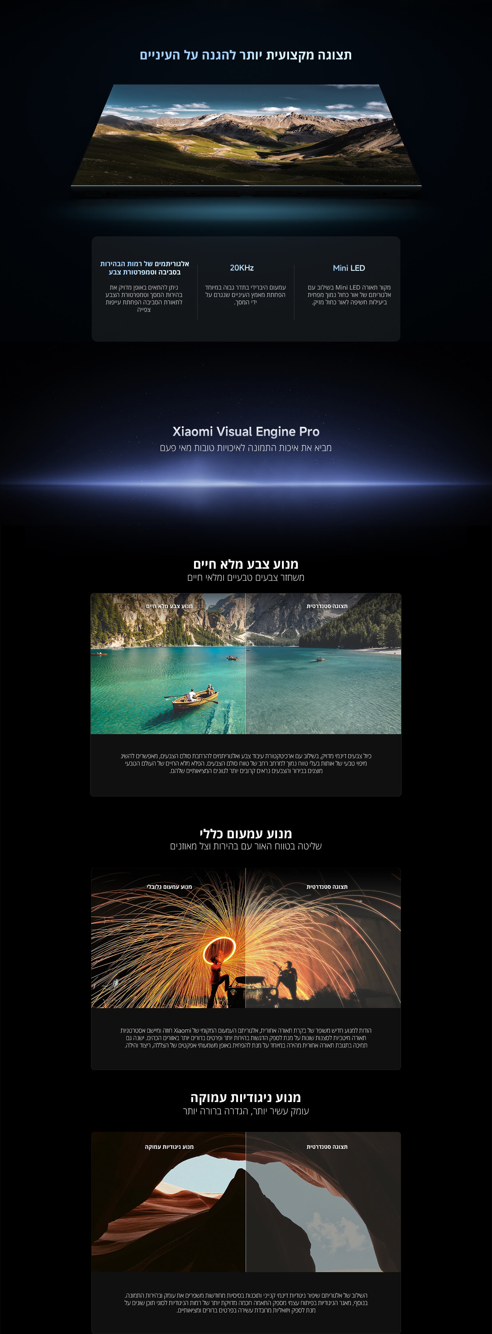 תצוגה מקצועית יותר להגנה על העיניים
Xiaomi Visual Engine Pro
מנוע צבע מלא חיים
מנוע עמום כללי
מנוע ניגודיות עמוקה
