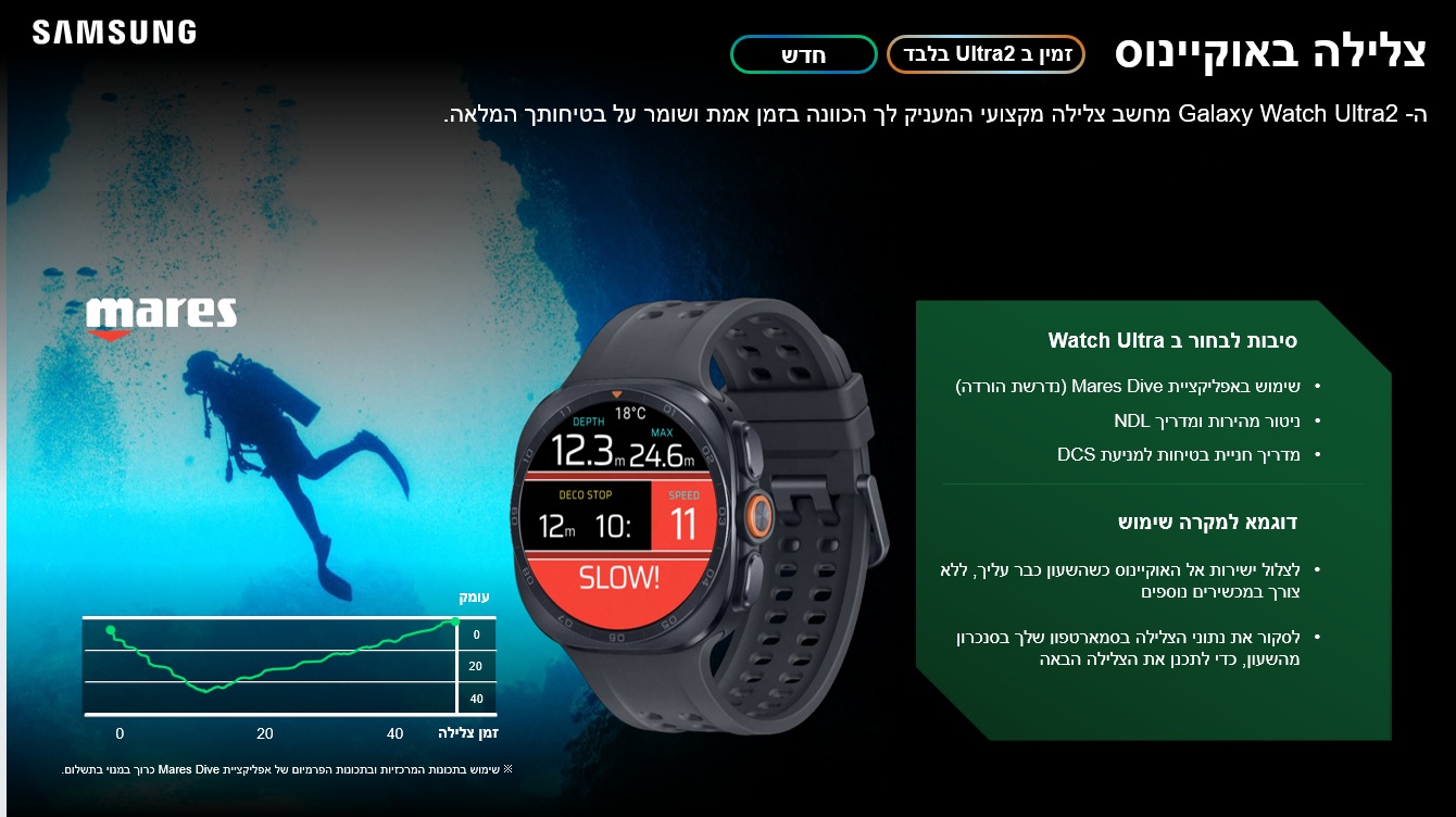 צלילה באוקיינוס
זמין בUltra2  בלבד 
ה- Galaxy Watch Ultra2 מחשב צלילה מקצועי המעניק לך הכוונה בזמן אמת ושומר על בטיחותך המלאה.

