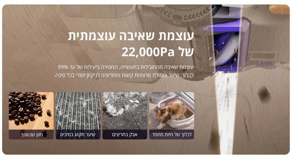 שאיבה עוצמית 22000Pa, מסירת ביעילות עד 99% לכלוך, שיער ופסולת מרצפות קשות