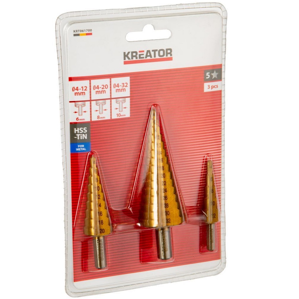 תמונה של סט 3 מקדחים קונוס מדורגים 4-12/4-20/4-32 ממ kreator