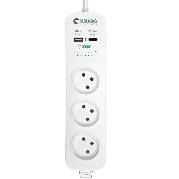 רב שקע 3 שקעים כולל כניסות USB A/C וכבל 30 ס