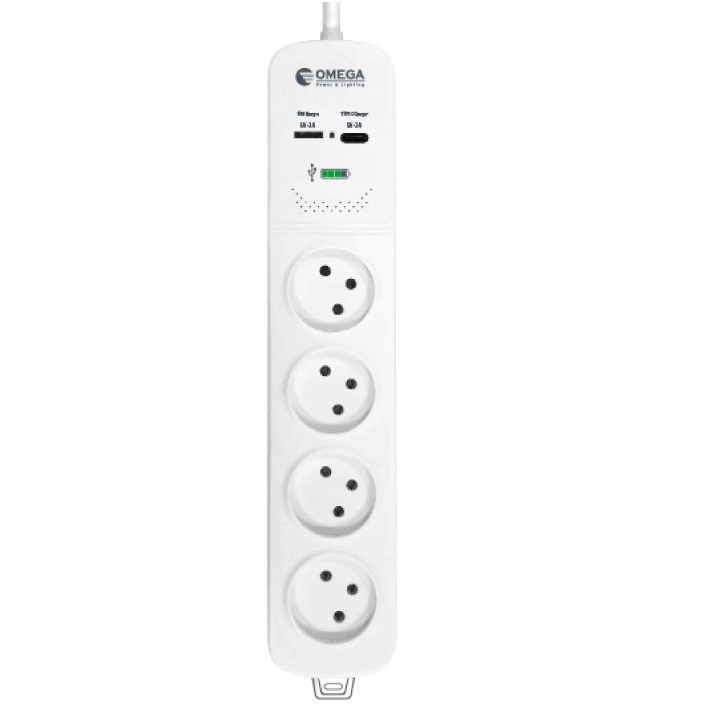 רב שקע 4 שקעים כולל כניסות USB A/C וכבל 30 ס