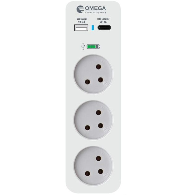 רב שקע 3 שקעים כולל כניסת USB Type-A ו-Omega USB Type-C &lrm;QGT3VR-2U-C-L